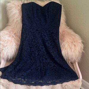 David's Bridal Strapless Navy Lace Dress